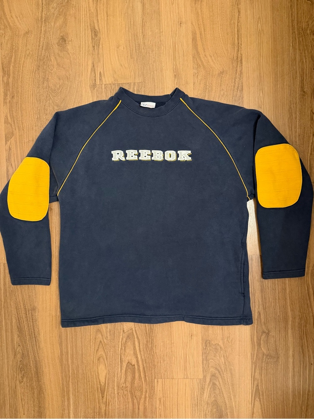 Reebok Vintage 90s Navy and Yellow Crewneck Sweatshirt with Elbow Patches